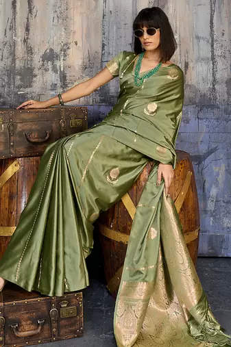 olive green faux satin saree with zari & woven border