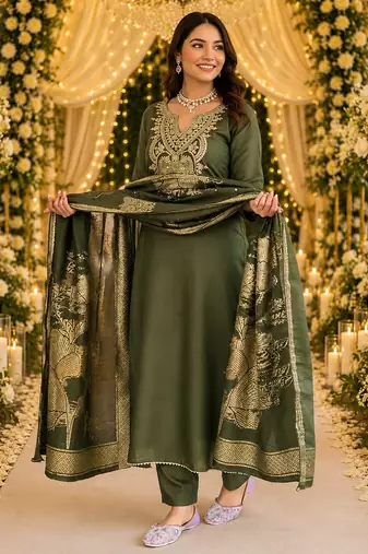 GREEN EMBRODEIRY WORK WITH COTTON BLEND PLUS SIZE KURTI PANT DUPATTA