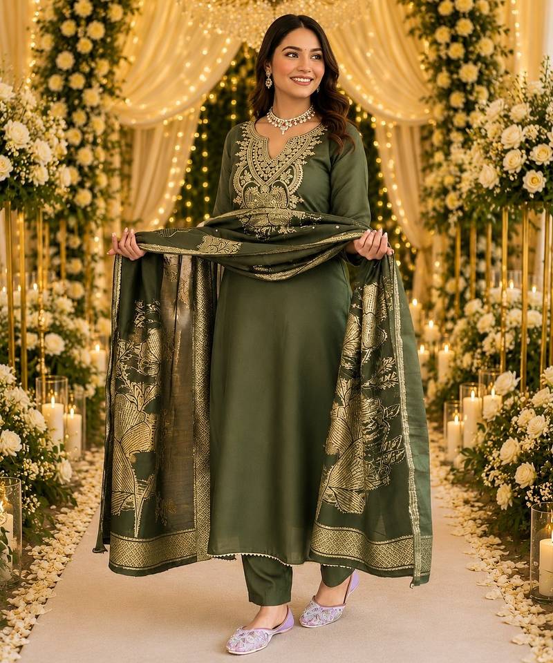 GREEN EMBRODEIRY WORK WITH COTTON BLEND PLUS SIZE KURTI PANT DUPATTA