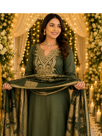 GREEN EMBRODEIRY WORK WITH COTTON BLEND PLUS SIZE KURTI PANT DUPATTA 2