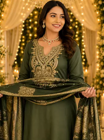 GREEN EMBRODEIRY WORK WITH COTTON BLEND PLUS SIZE KURTI PANT DUPATTA