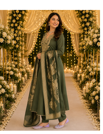 GREEN EMBRODEIRY WORK WITH COTTON BLEND PLUS SIZE KURTI PANT DUPATTA 3