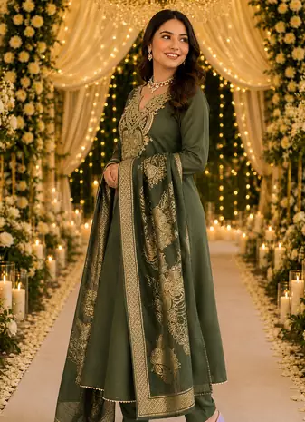 GREEN EMBRODEIRY WORK WITH COTTON BLEND PLUS SIZE KURTI PANT DUPATTA