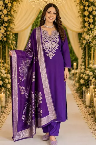 PURPLE EMBRODEIRY WORK WITH COTTON BLEND PLUS SIZE KURTI PANT DUPATTA