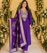 PURPLE EMBRODEIRY WORK WITH COTTON BLEND PLUS SIZE KURTI PANT DUPATTA