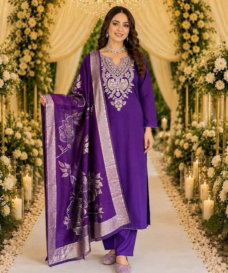 PURPLE EMBRODEIRY WORK WITH COTTON BLEND PLUS SIZE KURTI PANT DUPATTA