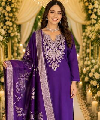 PURPLE EMBRODEIRY WORK WITH COTTON BLEND PLUS SIZE KURTI PANT DUPATTA 2