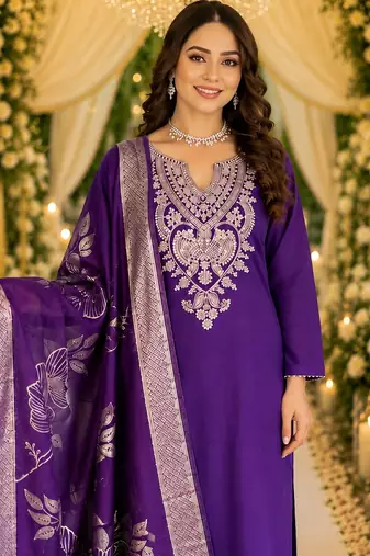 PURPLE EMBRODEIRY WORK WITH COTTON BLEND PLUS SIZE KURTI PANT DUPATTA