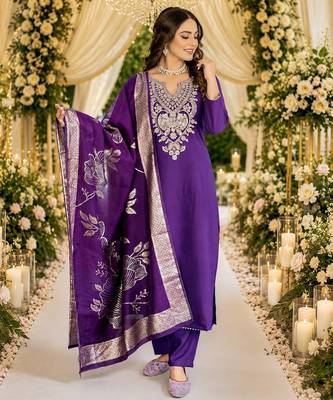 PURPLE EMBRODEIRY WORK WITH COTTON BLEND PLUS SIZE KURTI PANT DUPATTA 3