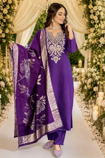 PURPLE EMBRODEIRY WORK WITH COTTON BLEND PLUS SIZE KURTI PANT DUPATTA