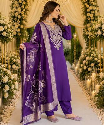 PURPLE EMBRODEIRY WORK WITH COTTON BLEND PLUS SIZE KURTI PANT DUPATTA 4