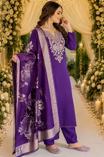 PURPLE EMBRODEIRY WORK WITH COTTON BLEND PLUS SIZE KURTI PANT DUPATTA