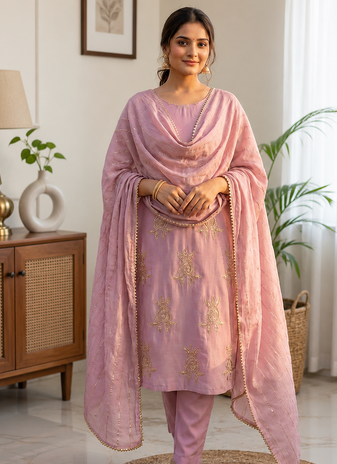 baby pink color sequence embroidery work silk blend salwar suit