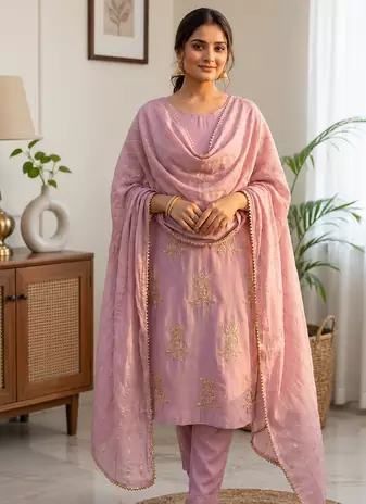 baby pink color sequence embroidery work silk blend salwar suit