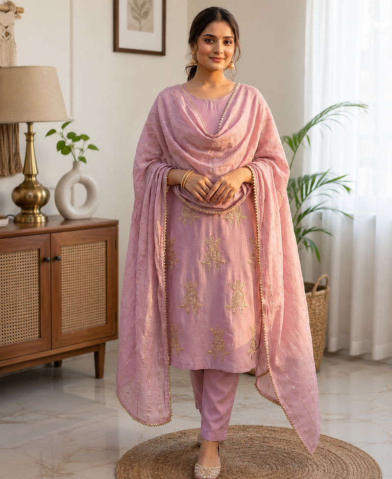 baby pink color sequence embroidery work silk blend salwar suit