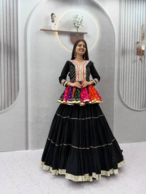 Black Color Gamthi work & mirror work Cotton Navratri Lahenga Kediyu Set 1