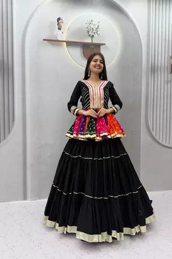 Black Color Gamthi work & mirror work Cotton Navratri Lahenga Kediyu Set