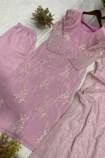 baby pink color sequence embroidery work silk blend salwar suit