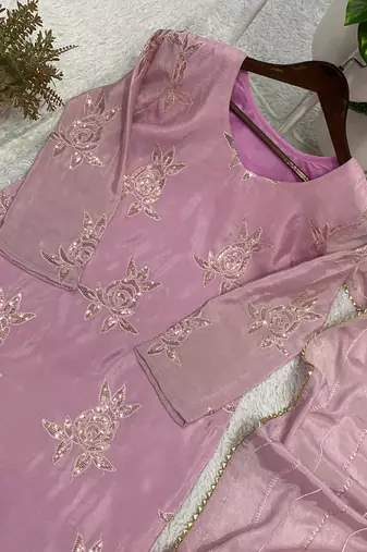 baby pink color sequence embroidery work silk blend salwar suit