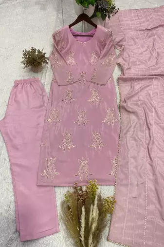 baby pink color sequence embroidery work silk blend salwar suit
