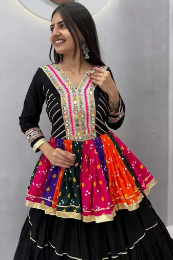 Black Color Gamthi work & mirror work Cotton Navratri Lahenga Kediyu Set