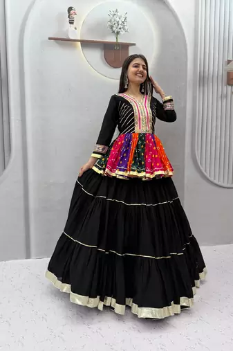 Black Color Gamthi work & mirror work Cotton Navratri Lahenga Kediyu Set