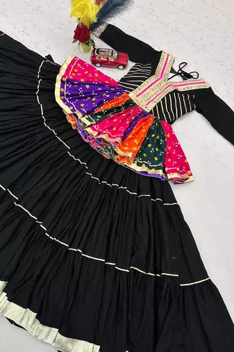 Black Color Gamthi work & mirror work Cotton Navratri Lahenga Kediyu Set