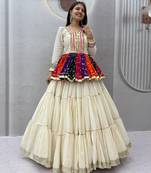 White Gamthi work & mirror work Cotton Navratri Lahenga Kediyu Set