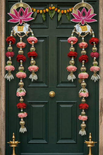 handmade lotus patch cow door hanging decorative pearl beads floral wall hanging for home decoration (pack of 2)