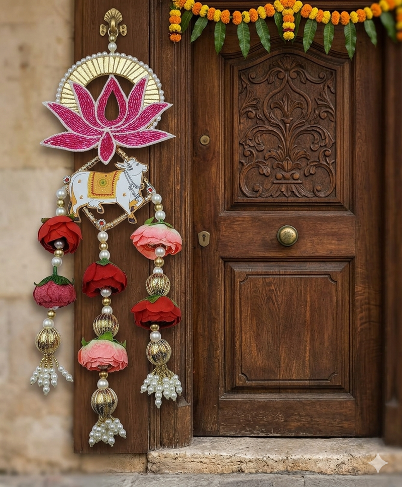handmade lotus patch cow door hanging decorative pearl beads floral wall hanging for home decoration (pack of 2)