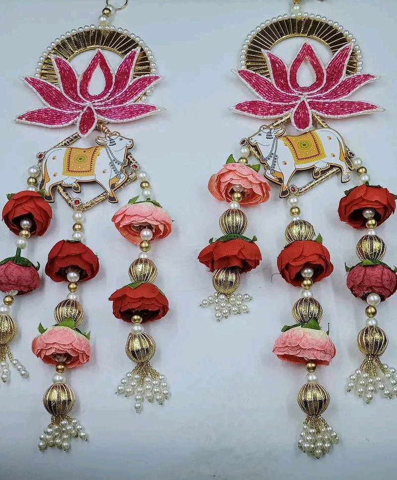 handmade lotus patch cow door hanging decorative pearl beads floral wall hanging for home decoration (pack of 2)