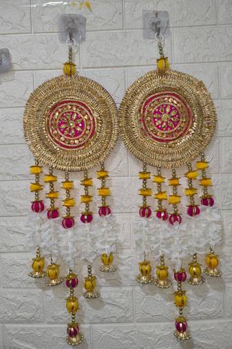 handmade golden chakra wall hanging white floral tassels decorative hanging for home decoration (pack of 2)