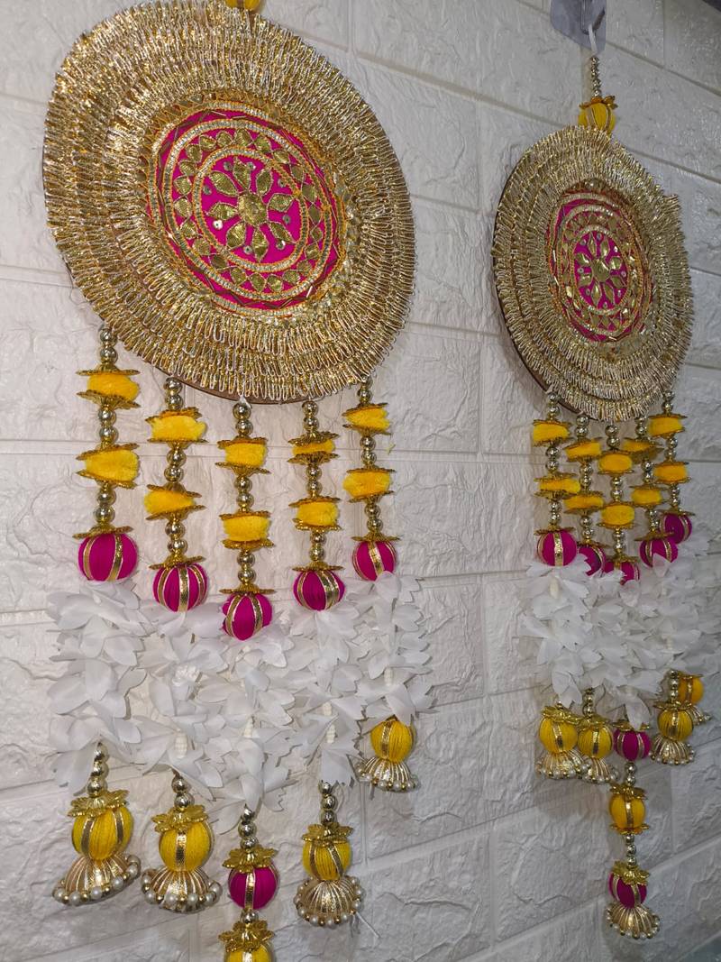 handmade golden chakra wall hanging white floral tassels decorative hanging for home decoration (pack of 2)
