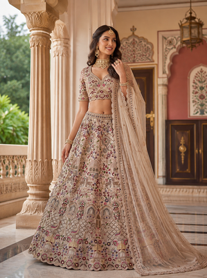 off white color Multi Cotton Thread Dori and Sequins work silk blend Lehenga choli set 1