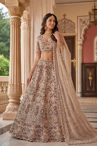 off white color Multi Cotton Thread Dori and Sequins work silk blend Lehenga choli set