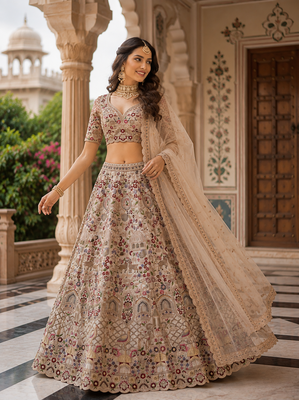 off white color Multi Cotton Thread Dori and Sequins work silk blend Lehenga choli set 2