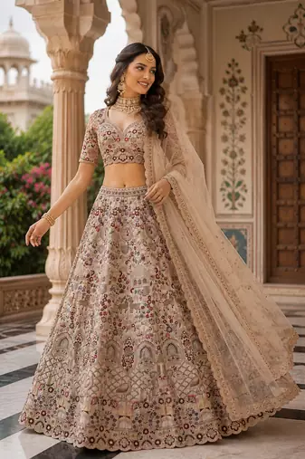 off white color Multi Cotton Thread Dori and Sequins work silk blend Lehenga choli set
