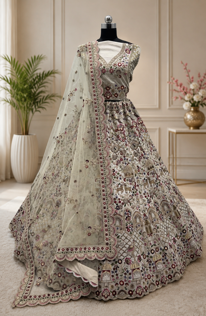 off white color Multi Cotton Thread Dori and Sequins work silk blend Lehenga choli set