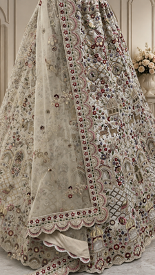 off white color Multi Cotton Thread Dori and Sequins work silk blend Lehenga choli set 4