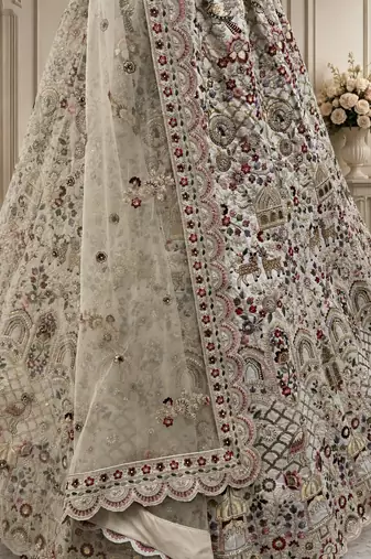 off white color Multi Cotton Thread Dori and Sequins work silk blend Lehenga choli set