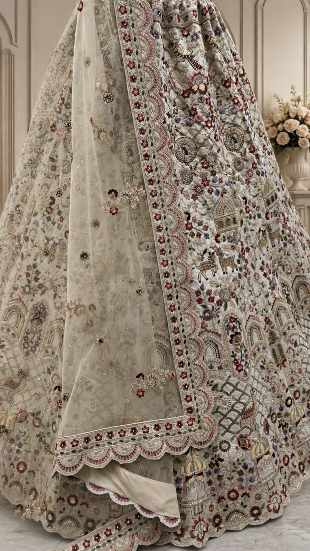 off white color Multi Cotton Thread Dori and Sequins work silk blend Lehenga choli set