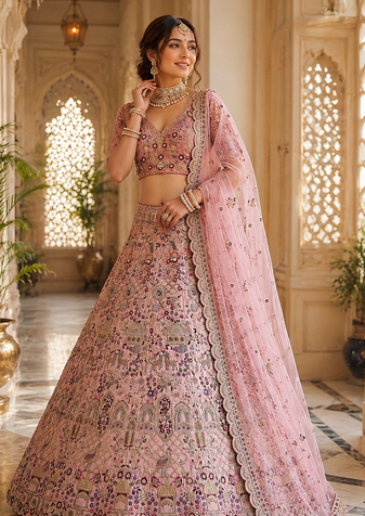 pink color Multi Cotton Thread Dori and Sequins work silk blend Lehenga choli set