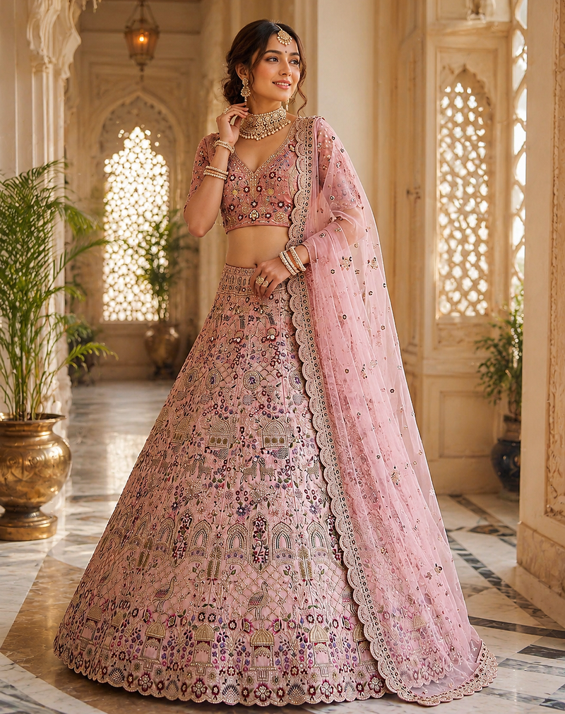 pink color Multi Cotton Thread Dori and Sequins work silk blend Lehenga choli set