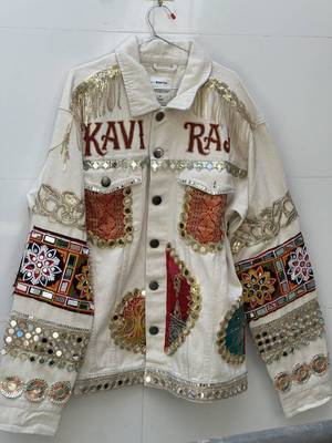 Navratri off white pure denim jacket with gamthi artwork 8