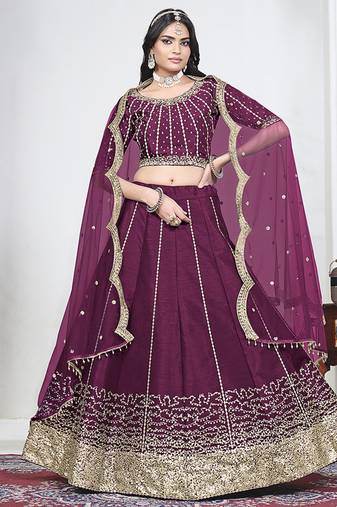 Wine Art Silk Embroidered Lehenga Choli