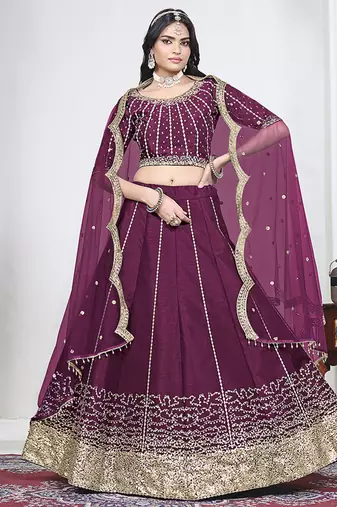 Wine Art Silk Embroidered Lehenga Choli