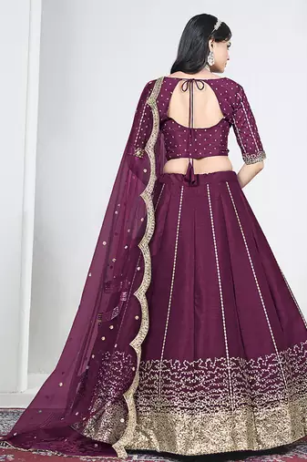 Wine Art Silk Embroidered Lehenga Choli