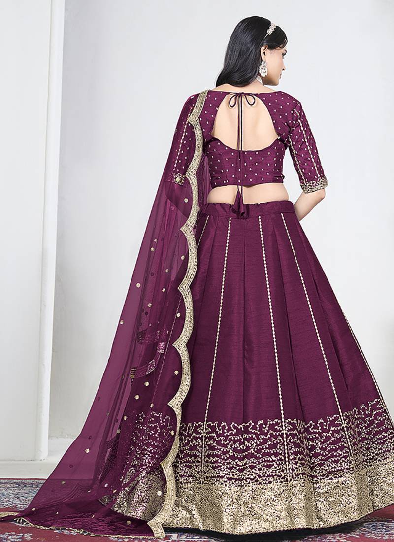 Wine Art Silk Embroidered Lehenga Choli