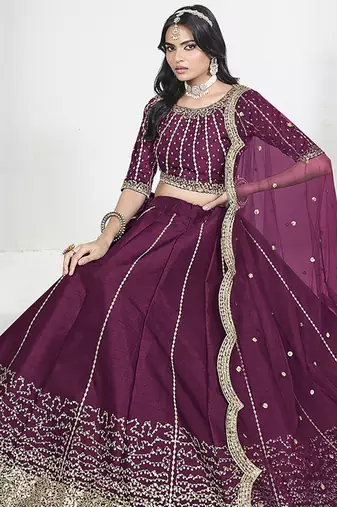 Wine Art Silk Embroidered Lehenga Choli