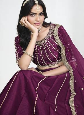 Wine Art Silk Embroidered Lehenga Choli 4